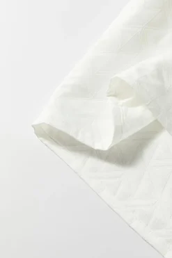 New Dear-Lover Geometric Textured Short Sleeve Frilly V Neck Blouse White