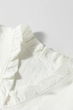 New Dear-Lover Geometric Textured Short Sleeve Frilly V Neck Blouse White