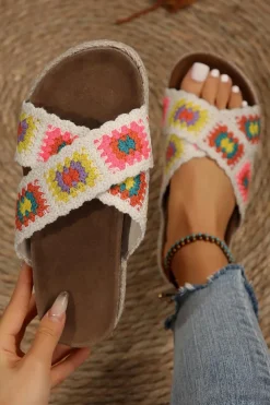 Clearance Dear-Lover Geometric Woven Crisscross Strap Platform Slippers White