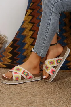Clearance Dear-Lover Geometric Woven Crisscross Strap Platform Slippers White