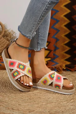 Clearance Dear-Lover Geometric Woven Crisscross Strap Platform Slippers White