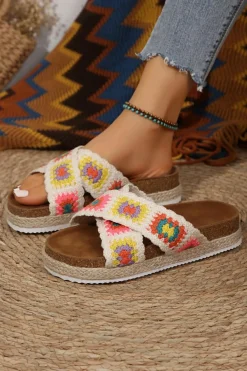 Clearance Dear-Lover Geometric Woven Crisscross Strap Platform Slippers White