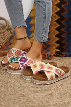 Clearance Dear-Lover Geometric Woven Crisscross Strap Platform Slippers White