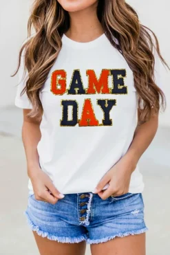 Hot Dear-Lover Glitter GAME DAY Rugby Football Season Round Neck T Shirt White