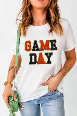 Hot Dear-Lover Glitter GAME DAY Rugby Football Season Round Neck T Shirt White