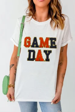 Hot Dear-Lover Glitter GAME DAY Rugby Football Season Round Neck T Shirt White