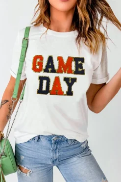 Hot Dear-Lover Glitter GAME DAY Rugby Football Season Round Neck T Shirt White