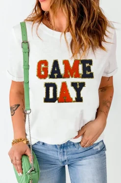 Hot Dear-Lover Glitter GAME DAY Rugby Football Season Round Neck T Shirt White