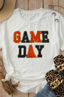 Hot Dear-Lover Glitter GAME DAY Rugby Football Season Round Neck T Shirt White