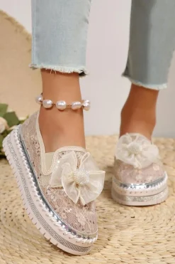 New Dear-Lover Glossy Bow Decor Breathable Lace Loafer Shoes White