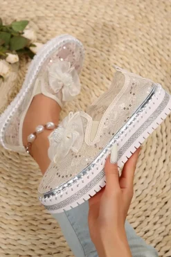 New Dear-Lover Glossy Bow Decor Breathable Lace Loafer Shoes White