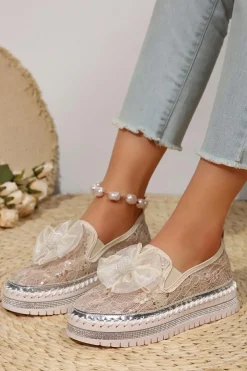 New Dear-Lover Glossy Bow Decor Breathable Lace Loafer Shoes White