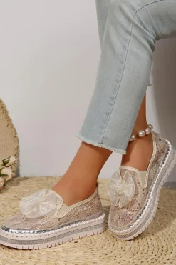New Dear-Lover Glossy Bow Decor Breathable Lace Loafer Shoes White