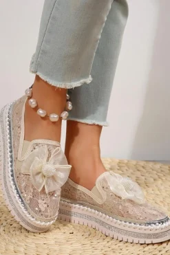 New Dear-Lover Glossy Bow Decor Breathable Lace Loafer Shoes White