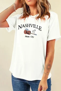 Outlet Dear-Lover Guitar NASHVILLE Music City Print Crewneck Tee White