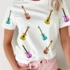 Hot Dear-Lover Guitar Patched Graphic Crew Neck Tee White