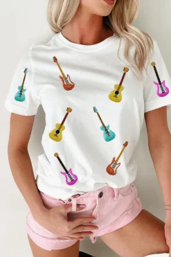 Hot Dear-Lover Guitar Patched Graphic Crew Neck Tee White