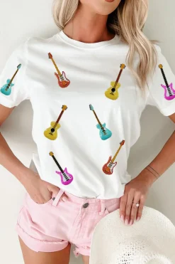 Hot Dear-Lover Guitar Patched Graphic Crew Neck Tee White