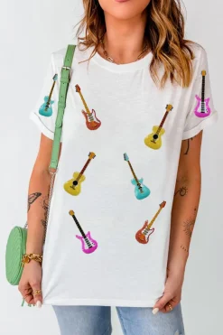 Hot Dear-Lover Guitar Patched Graphic Crew Neck Tee White