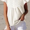 Outlet Dear-Lover Half Button Lace Patchwork Flutter Sleeve Blouse White