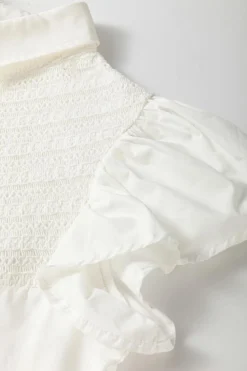 Outlet Dear-Lover Half Button Lace Patchwork Flutter Sleeve Blouse White