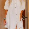 Hot Dear-Lover Half Puff Sleeve Buttoned Shirt Mini Dress White