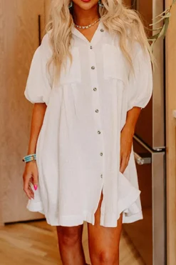 Hot Dear-Lover Half Puff Sleeve Buttoned Shirt Mini Dress White