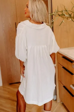 Hot Dear-Lover Half Puff Sleeve Buttoned Shirt Mini Dress White