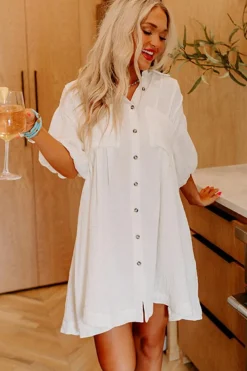 Hot Dear-Lover Half Puff Sleeve Buttoned Shirt Mini Dress White