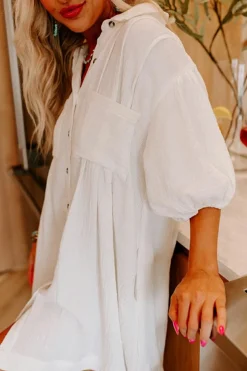 Hot Dear-Lover Half Puff Sleeve Buttoned Shirt Mini Dress White