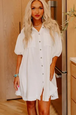 Hot Dear-Lover Half Puff Sleeve Buttoned Shirt Mini Dress White
