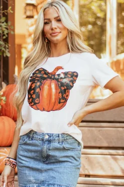 Online Dear-Lover Halloween Bowknot Pumpkin Graphic Crewneck T Shirt White