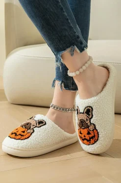 Best Dear-Lover Halloween Dog Pumpkin Pattern Fuzzy Slippers White
