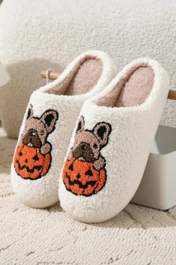 Best Dear-Lover Halloween Dog Pumpkin Pattern Fuzzy Slippers White