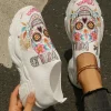 Fashion Dear-Lover Halloween Floral Skull Printed Slip-On Flat Shoes White