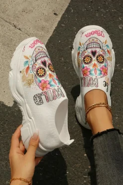 Fashion Dear-Lover Halloween Floral Skull Printed Slip-On Flat Shoes White