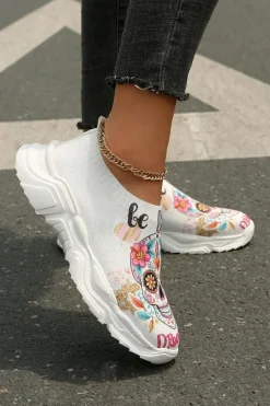 Fashion Dear-Lover Halloween Floral Skull Printed Slip-On Flat Shoes White