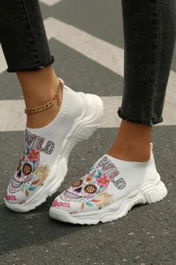 Fashion Dear-Lover Halloween Floral Skull Printed Slip-On Flat Shoes White