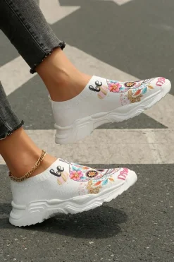 Fashion Dear-Lover Halloween Floral Skull Printed Slip-On Flat Shoes White