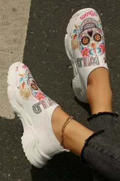 Fashion Dear-Lover Halloween Floral Skull Printed Slip-On Flat Shoes White