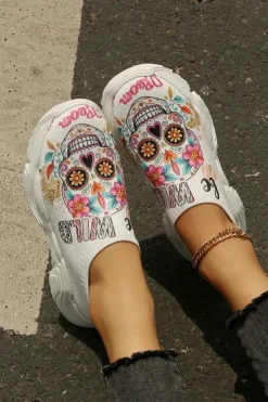 Fashion Dear-Lover Halloween Floral Skull Printed Slip-On Flat Shoes White