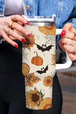 Discount Dear-Lover Halloween Pattern Print Handled Stainless Steel Vacuum Cup 40oz White