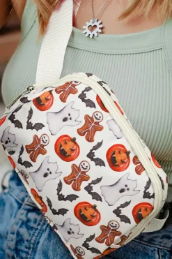 Hot Dear-Lover Halloween Pattern Print Wide Belt Square Crossbody Bag White