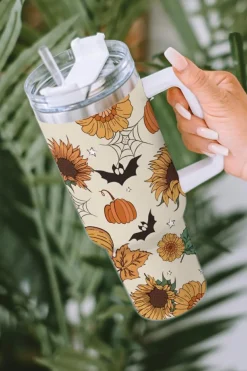 Discount Dear-Lover Halloween Pattern Print Handled Stainless Steel Vacuum Cup 40oz White