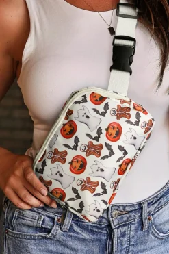 Hot Dear-Lover Halloween Pattern Print Wide Belt Square Crossbody Bag White