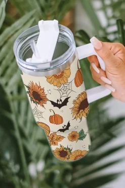 Discount Dear-Lover Halloween Pattern Print Handled Stainless Steel Vacuum Cup 40oz White
