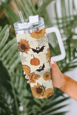 Discount Dear-Lover Halloween Pattern Print Handled Stainless Steel Vacuum Cup 40oz White