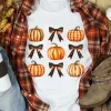 New Dear-Lover Halloween Pumpkin Bow Knot Print Crew Neck Tee White