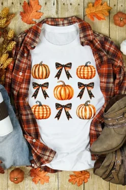New Dear-Lover Halloween Pumpkin Bow Knot Print Crew Neck Tee White