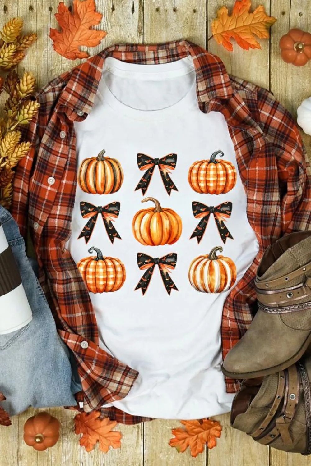New Dear-Lover Halloween Pumpkin Bow Knot Print Crew Neck Tee White